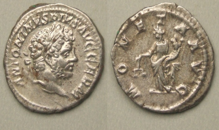 Caracalla denarius Moneta standing Caracalla denarius Moneta standing